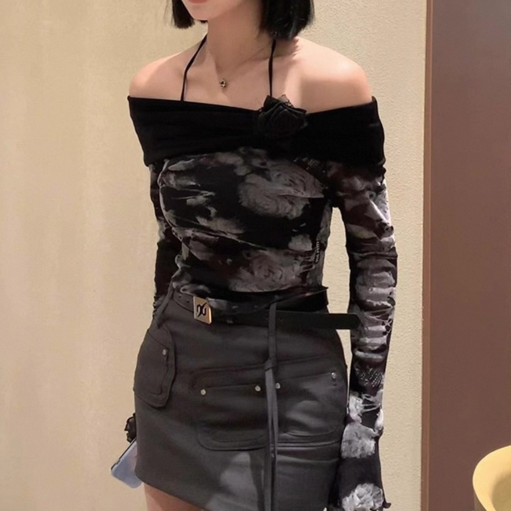 Black and Gray Y2K Floral Rose Printed Off-Shoulder Halter Crop Top